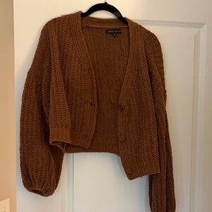 LOVE+ELLS Cropped Chunky Knit Cardigan in Warm Brown